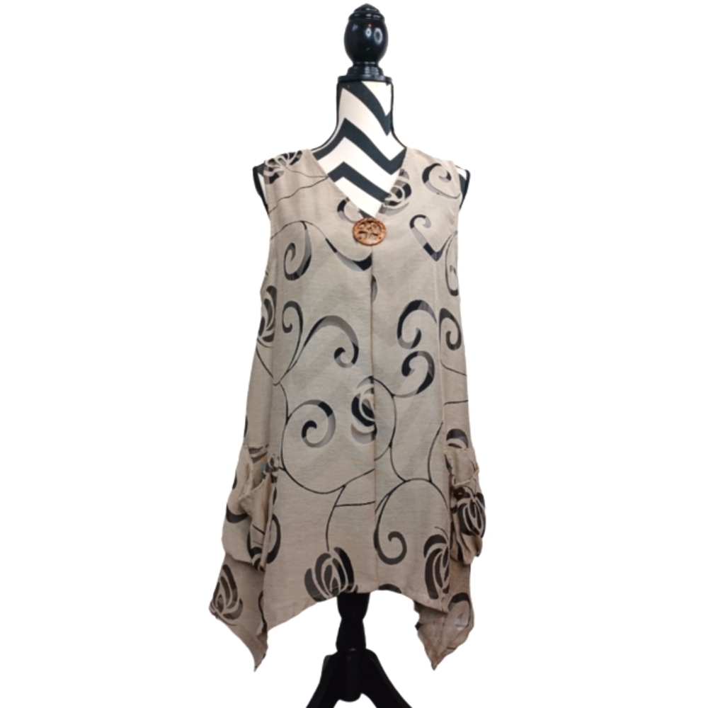 Kaktus Artsy Asymmetrical Boho Lagenlook Mesh Sheer Swirl Sz L Cotton Tunic Top